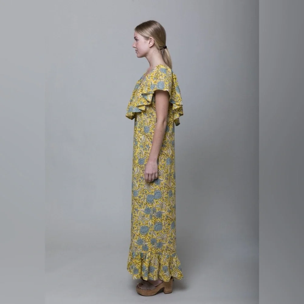 MILLE Resort & Travel Juliet Yellow Blue Floral Ruffle Maxi Summer Cotton Dress